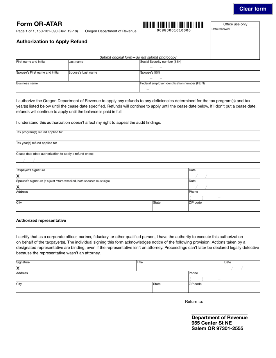 Form 150-101-090 (OR-ATAR) Authorization to Apply Refund - Oregon, Page 1