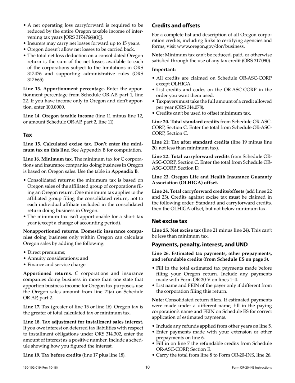 Download Instructions for Form OR20INS Oregon Insurance Excise Tax
