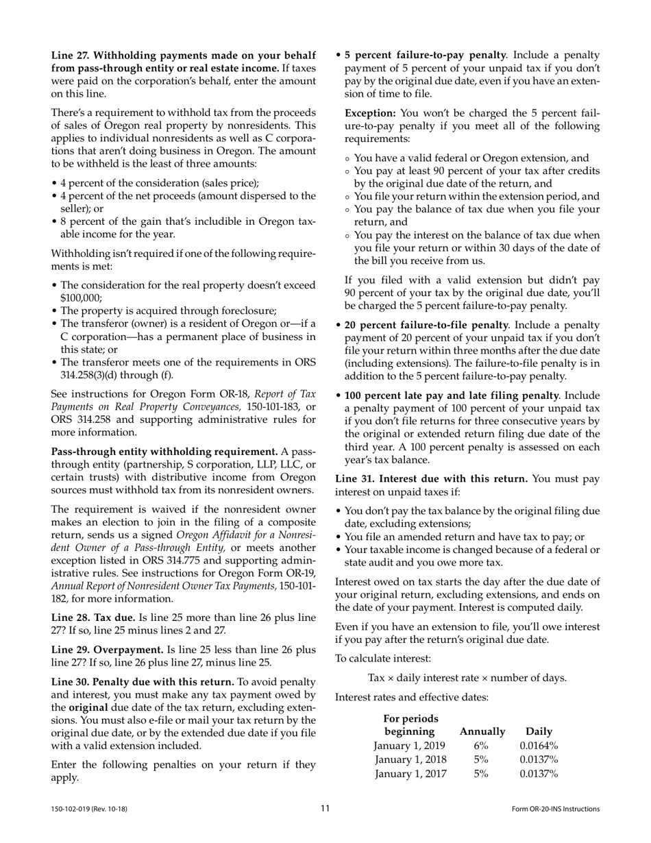 Instructions for Form OR-20-INS Oregon Insurance Excise Tax Return - Oregon, Page 11