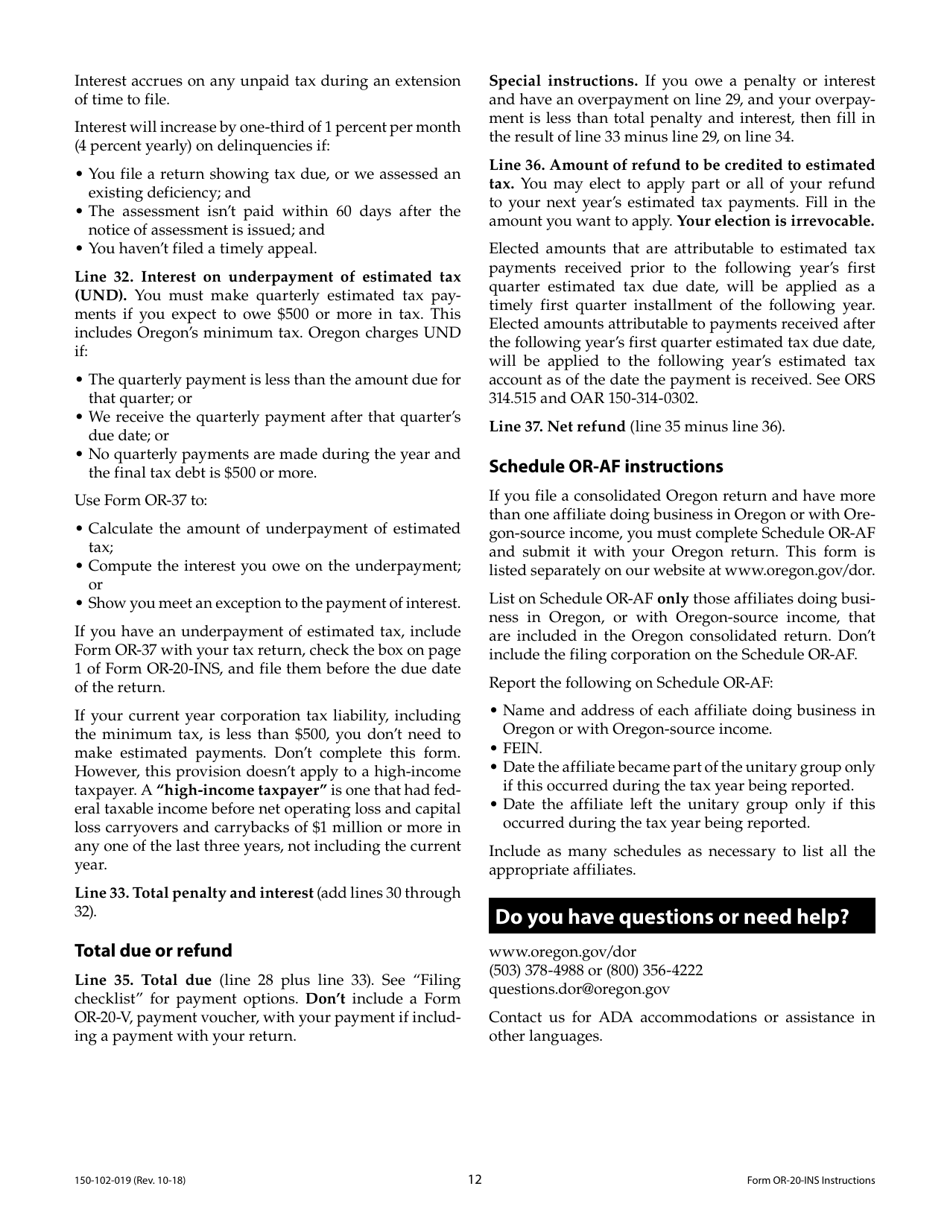 Instructions for Form OR-20-INS Oregon Insurance Excise Tax Return - Oregon, Page 12