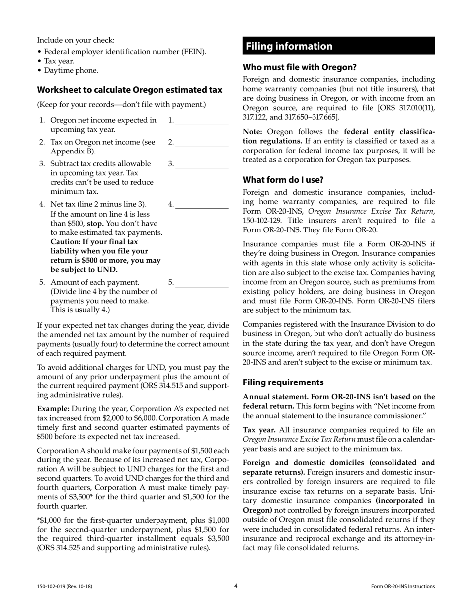 Download Instructions for Form OR20INS Oregon Insurance Excise Tax
