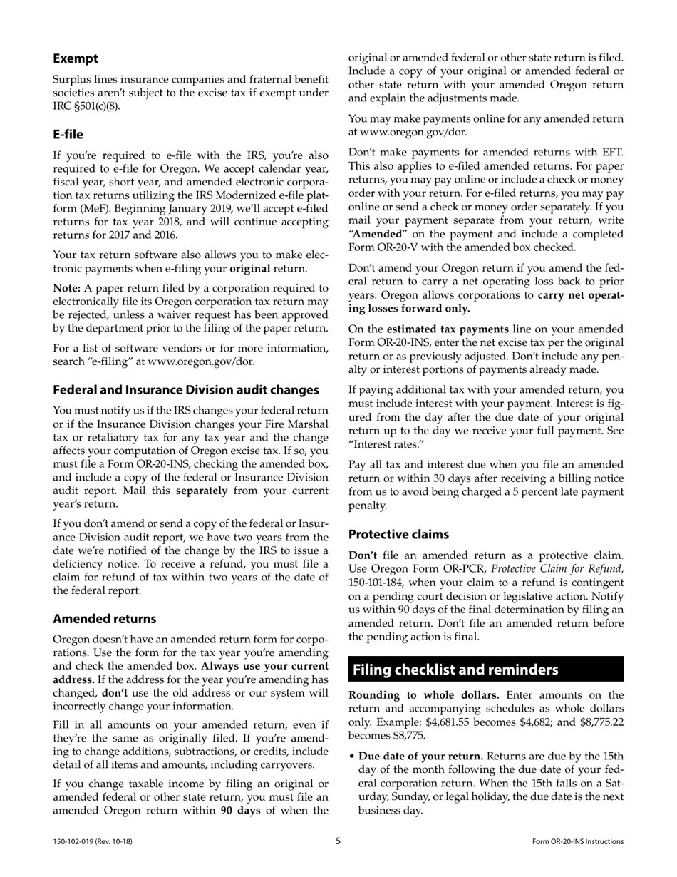 Instructions for Form OR-20-INS Oregon Insurance Excise Tax Return - Oregon, Page 5