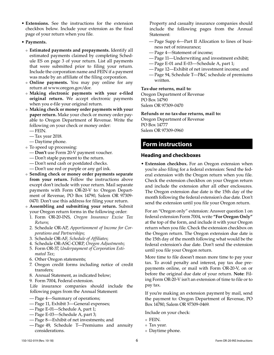 Instructions for Form OR-20-INS Oregon Insurance Excise Tax Return - Oregon, Page 6