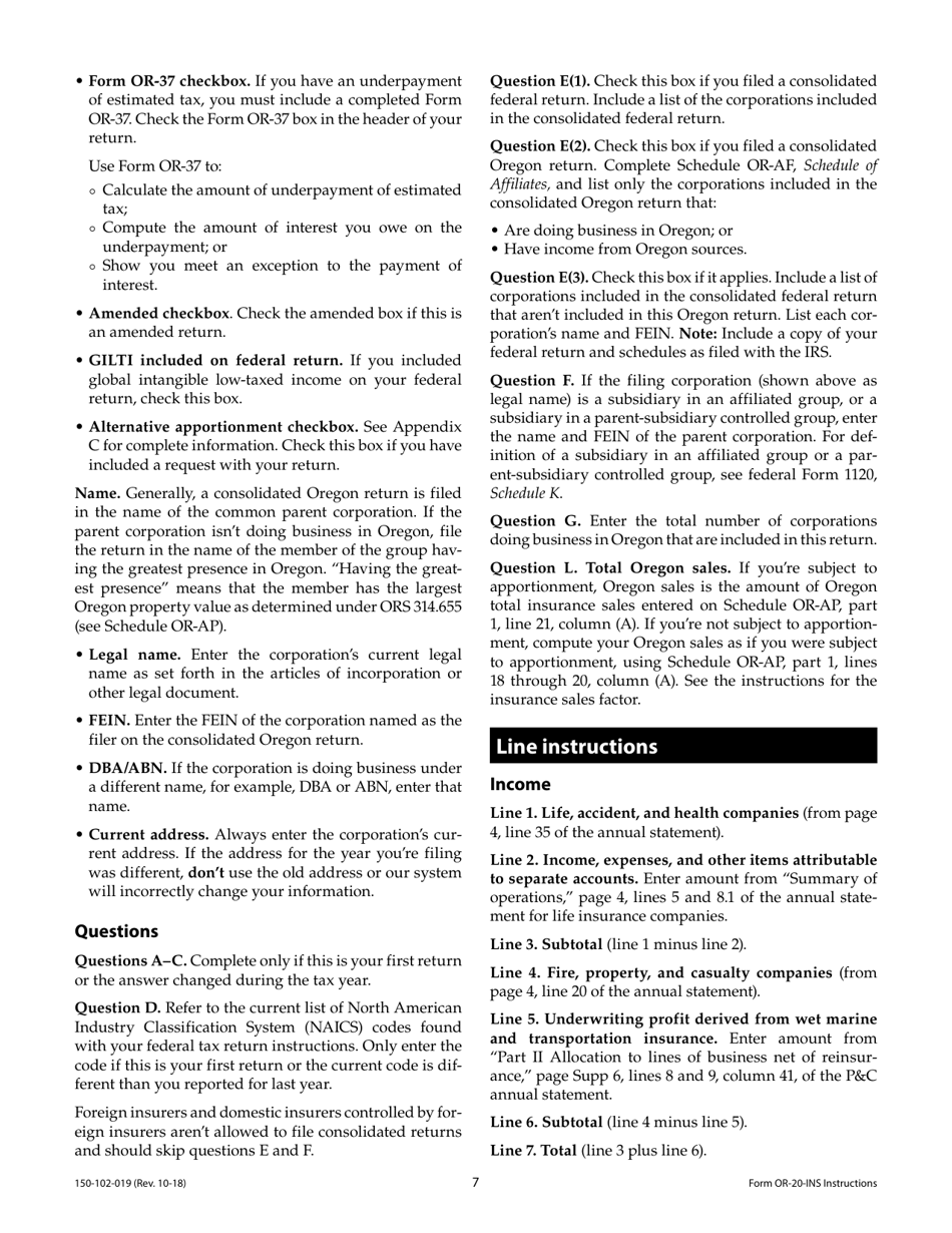 Download Instructions for Form OR20INS Oregon Insurance Excise Tax
