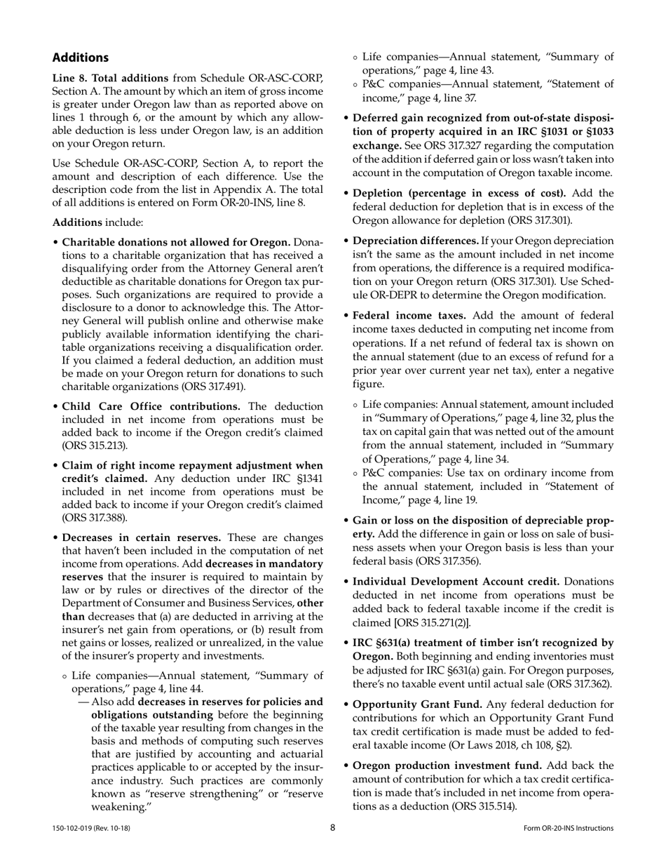Instructions for Form OR-20-INS Oregon Insurance Excise Tax Return - Oregon, Page 8