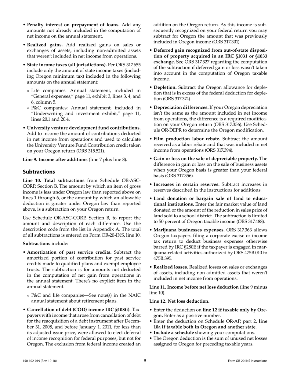Instructions for Form OR-20-INS Oregon Insurance Excise Tax Return - Oregon, Page 9