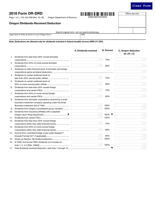 Form 150-102-038 (OR-DRD) 2018 Printable Pdf