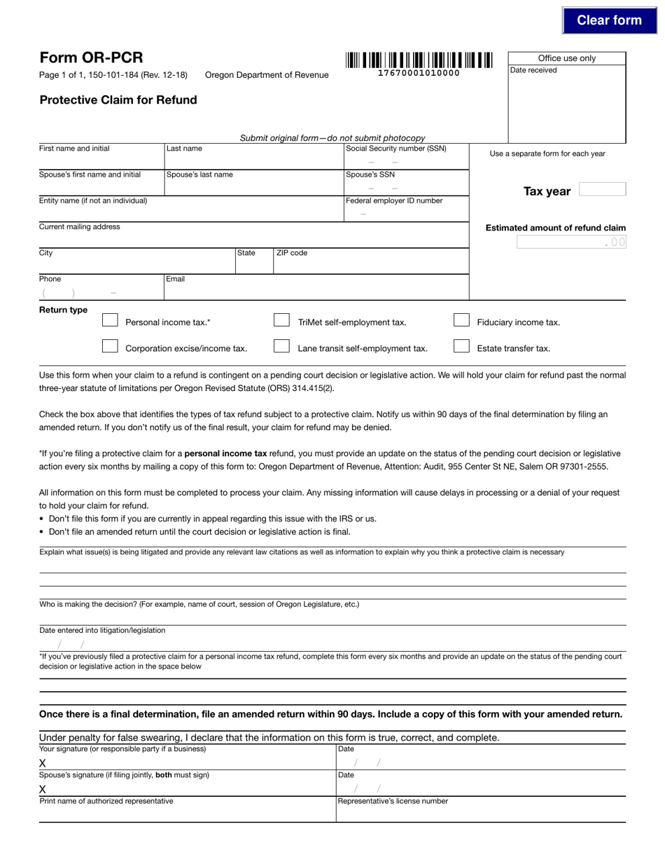 Form 150-101-184 (OR-PCR) Protective Claim for Refund - Oregon, Page 1