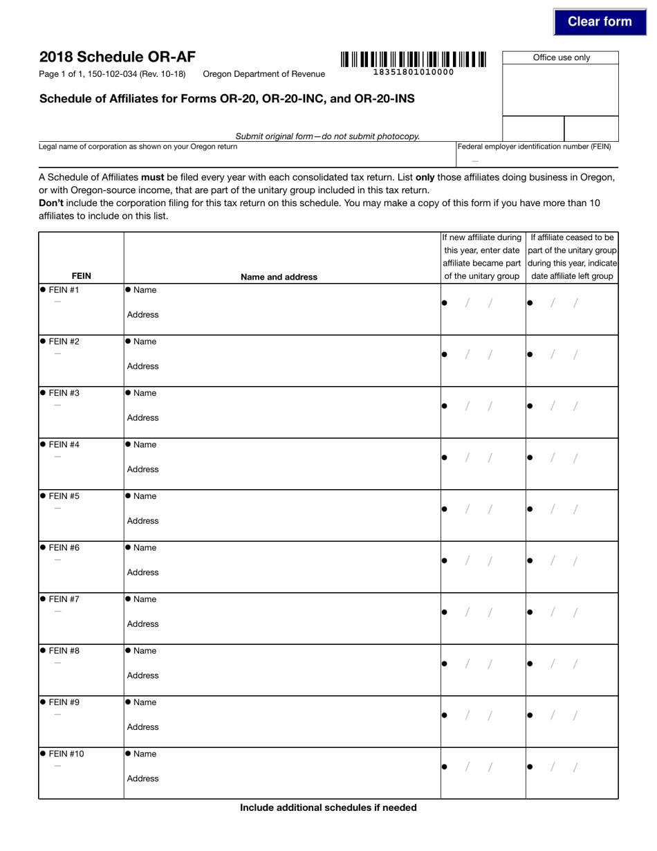 Form OR-20 (OR-20-INC; OR-20-INS) Schedule ORAF Schedule of Affiliates - Oregon, Page 1