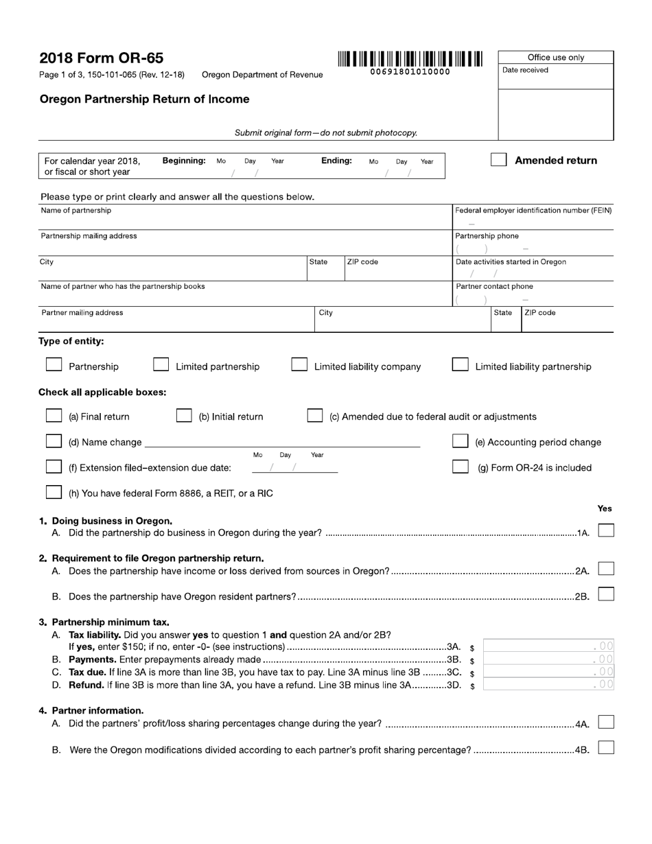 Form 150-101-065 (OR-65) Oregon Partnership Return of Income - Oregon, Page 1