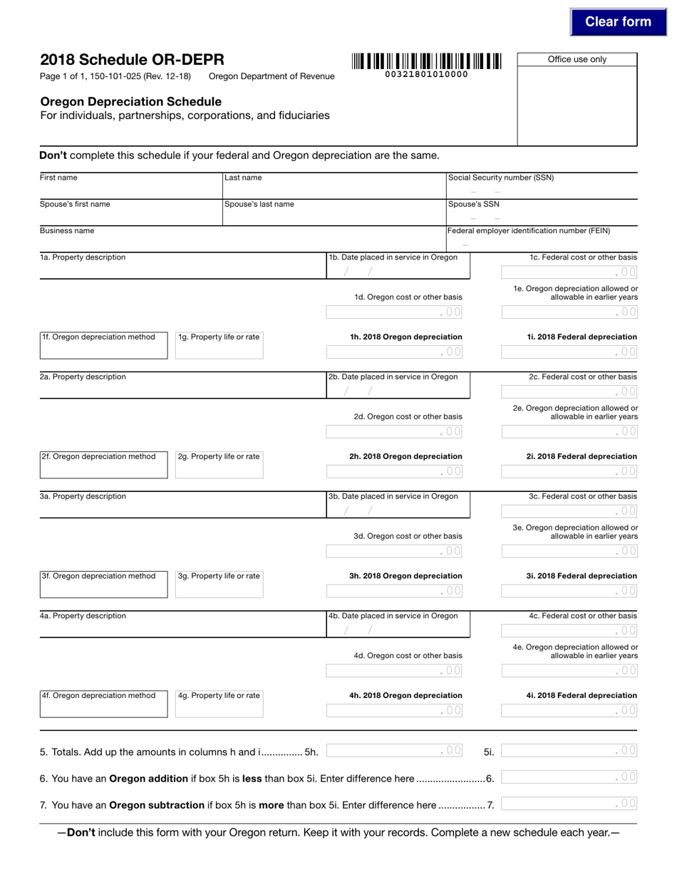 Form 150-101-025 Schedule OR-DEPR Oregon Depreciation Schedule - Oregon, Page 1