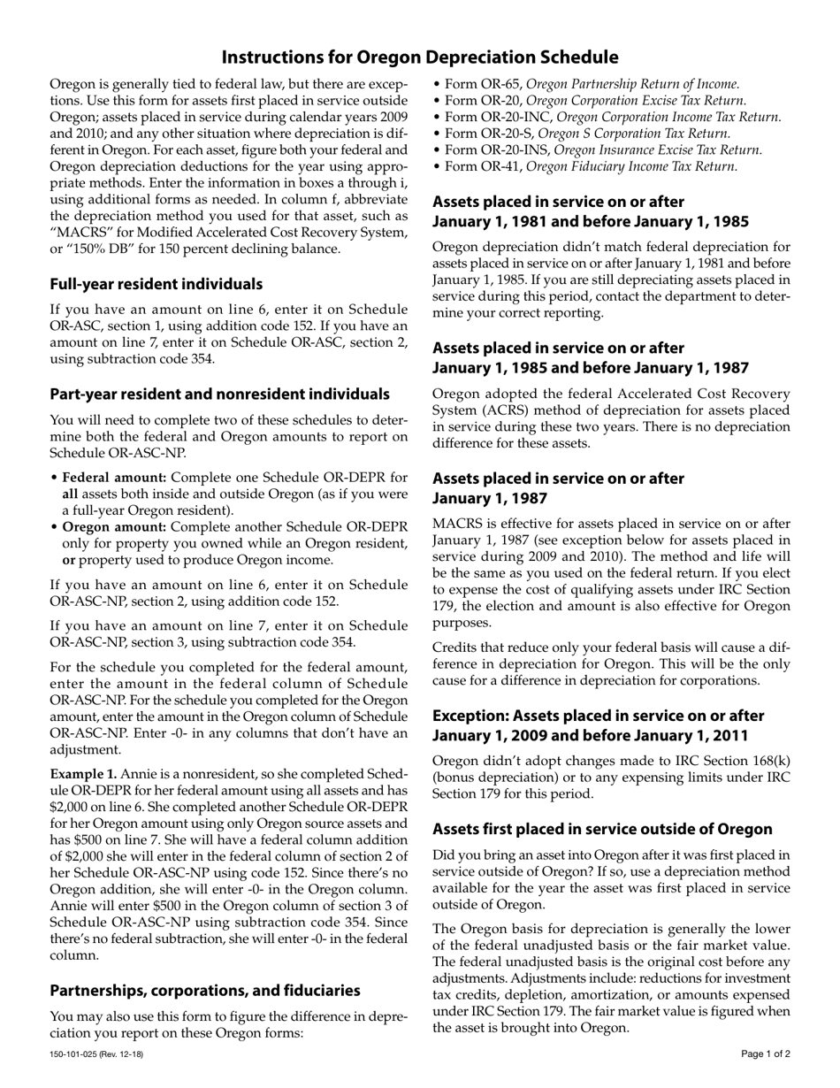 Form 150-101-025 Schedule OR-DEPR Oregon Depreciation Schedule - Oregon, Page 2