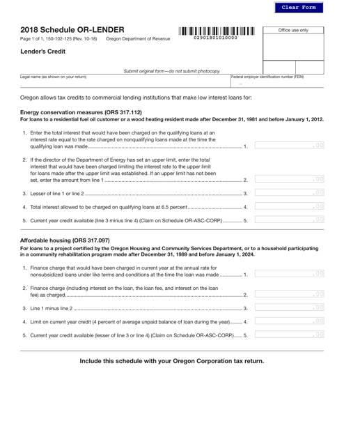 Form 150-102-125 Schedule OR-LENDER 2018 Printable Pdf