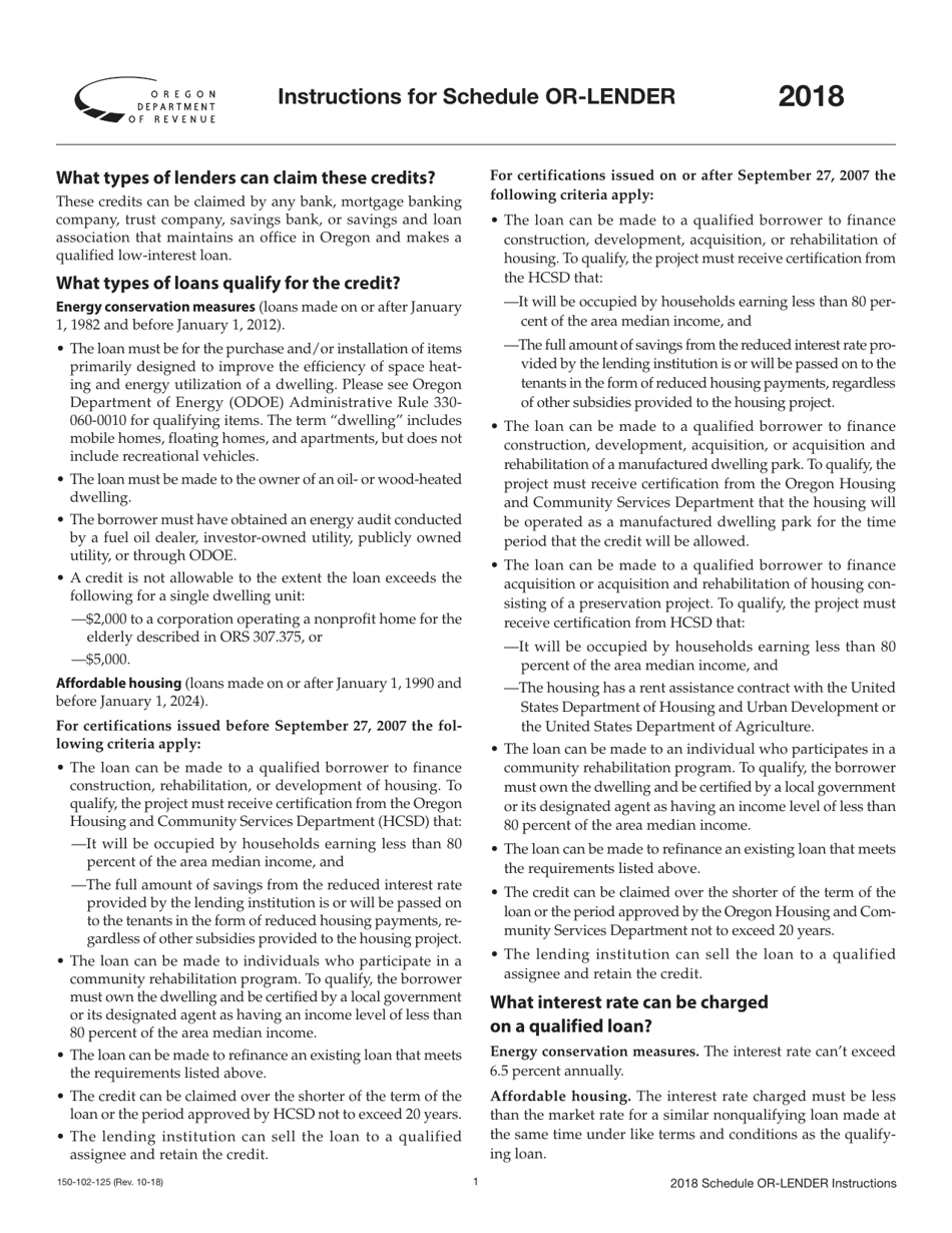 Form 150-102-125 Schedule OR-LENDER Lenders Credit - Oregon, Page 2