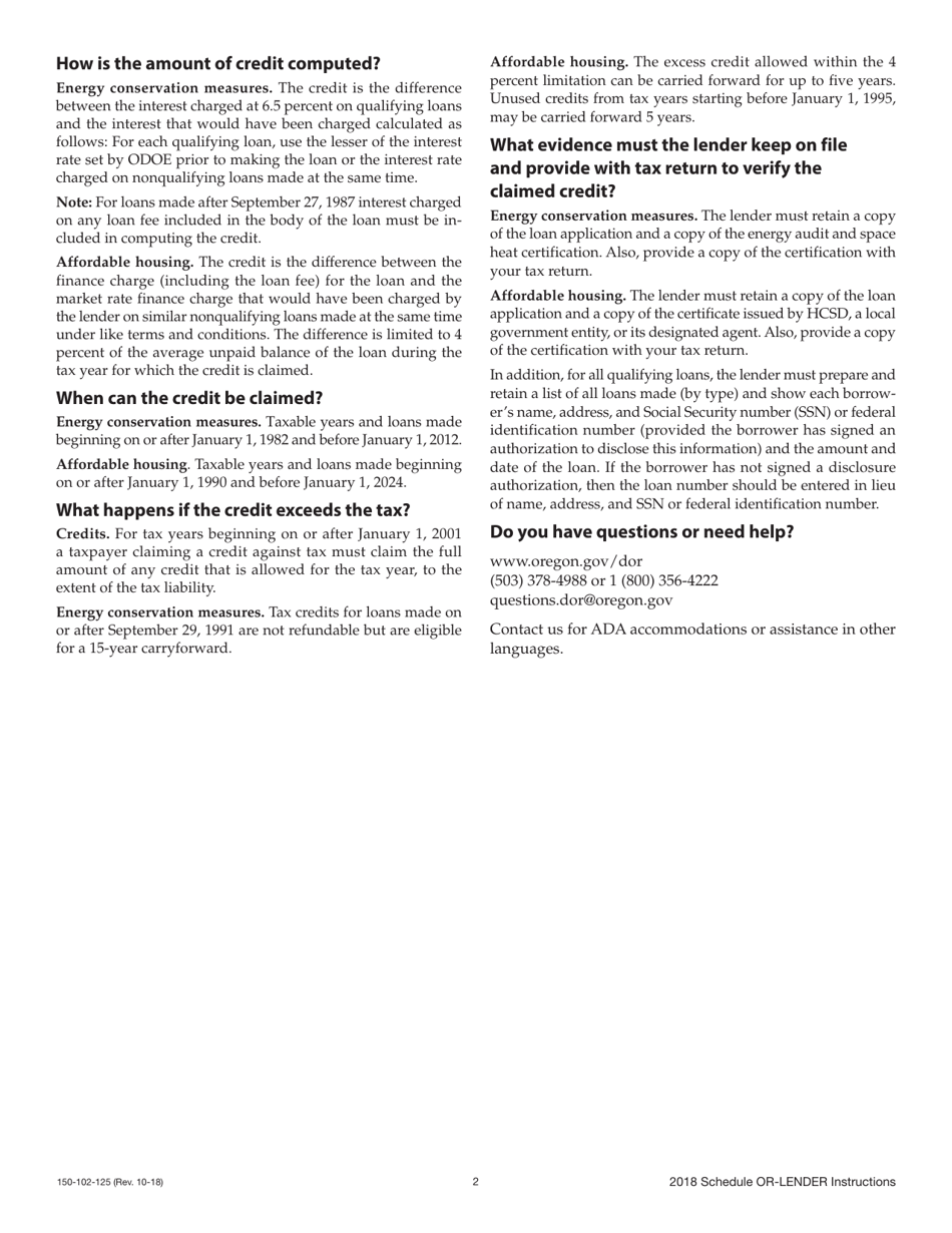 Form 150-102-125 Schedule OR-LENDER Lenders Credit - Oregon, Page 3