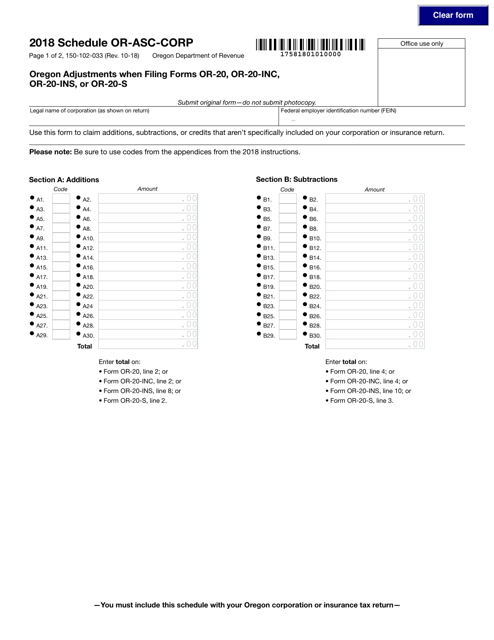 Form 150-102-033 Schedule OR-ASC-CORP 2018 Printable Pdf