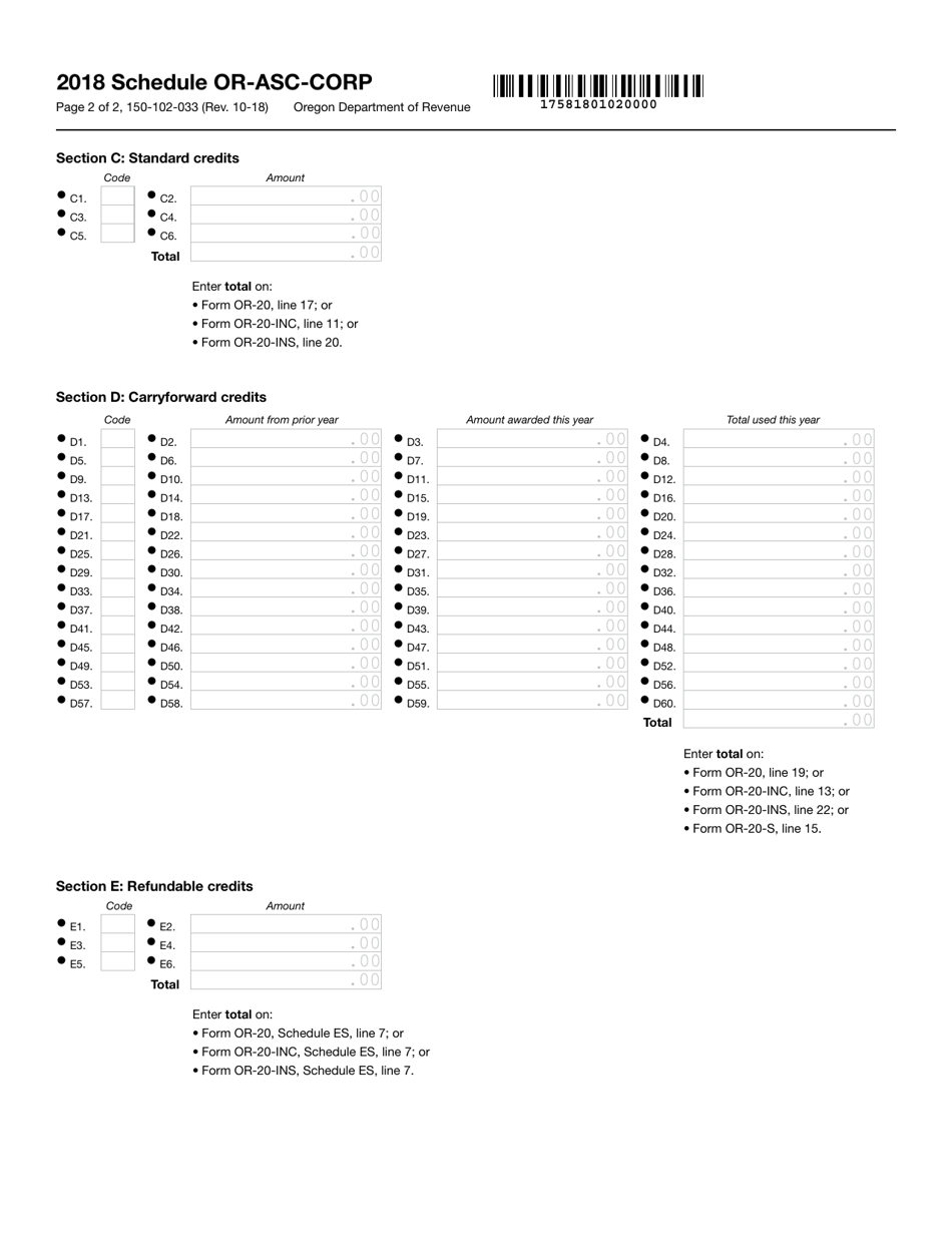 Form 150-102-033 Schedule OR-ASC-CORP Oregon Adjustments When Filing Forms or-20, or-20-inc, or-20-ins, or Or-20-s - Oregon, Page 2