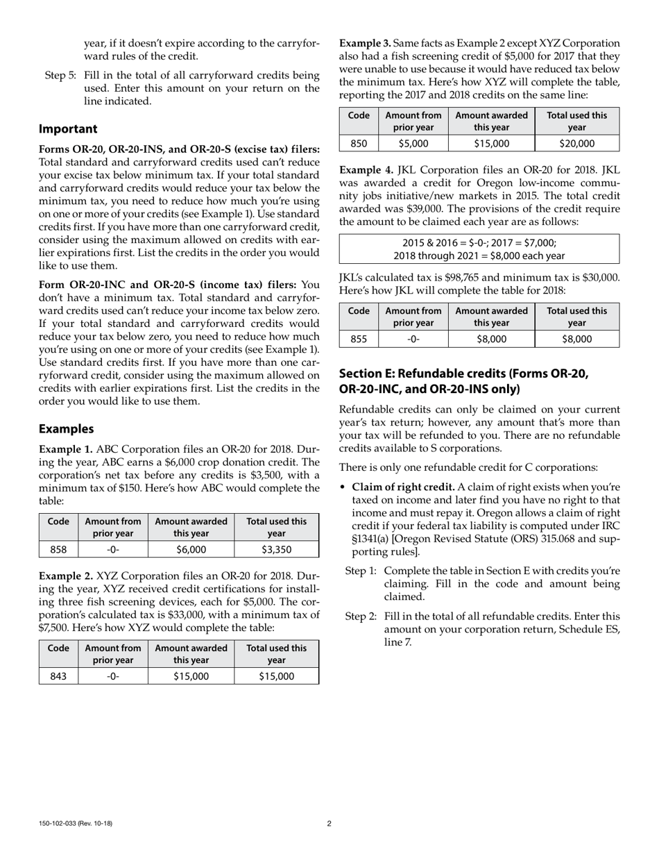 Form 150-102-033 Schedule OR-ASC-CORP Oregon Adjustments When Filing Forms or-20, or-20-inc, or-20-ins, or Or-20-s - Oregon, Page 4