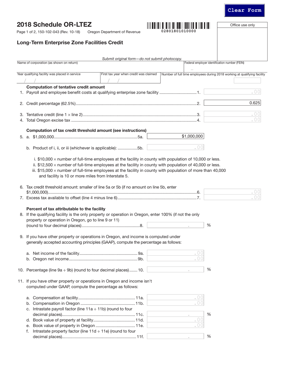Form 150-102-043 Schedule OR-LTEZ Long-Term Enterprise Zone Facilities Credit - Oregon, Page 1