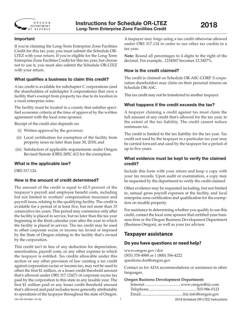 Form 150-102-043 Schedule OR-LTEZ Long-Term Enterprise Zone Facilities Credit - Oregon, Page 3