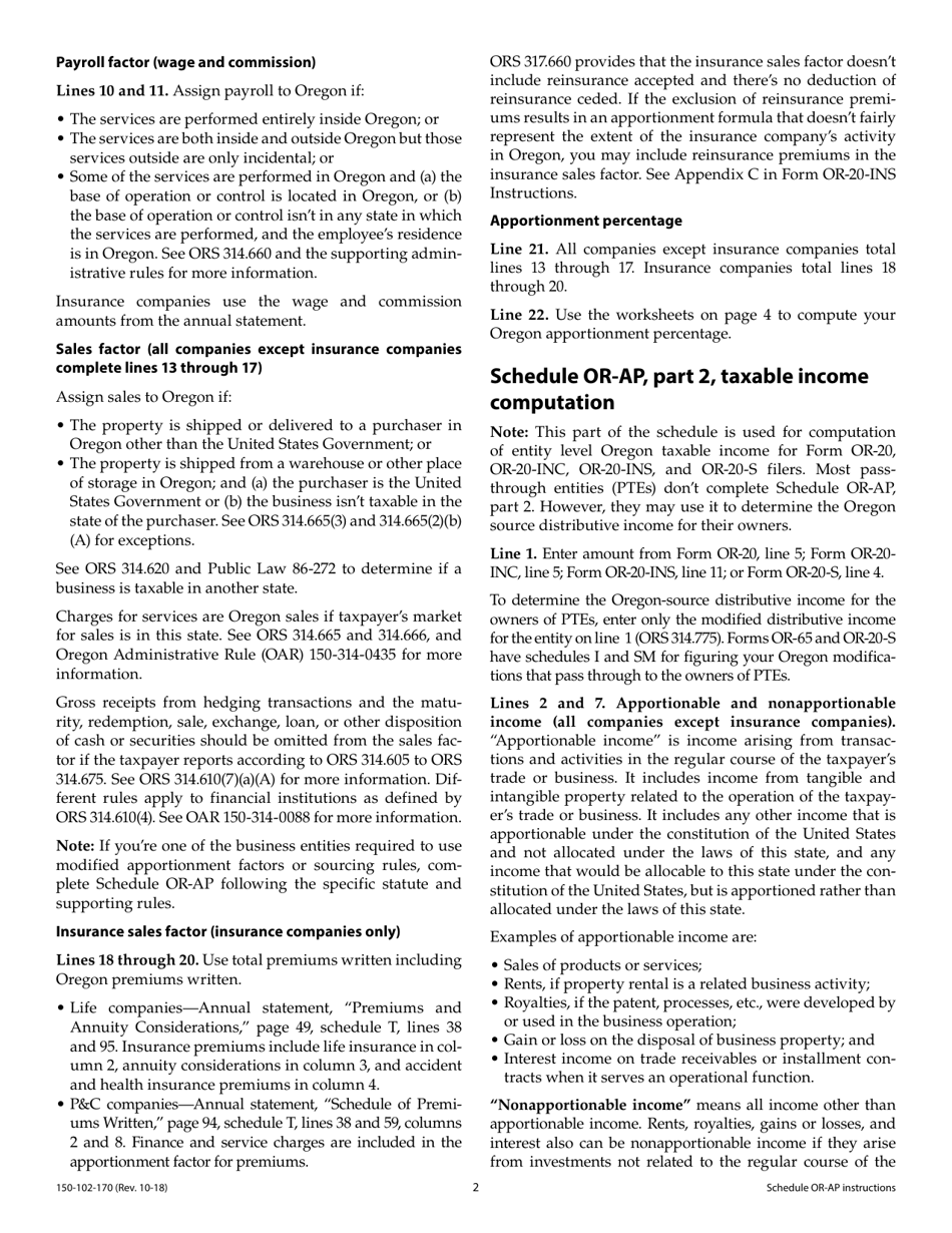 Instructions for Form 150-102-171 Schedule OR-AP Apportionment of Income for Corporations and Partnerships - Oregon, Page 2