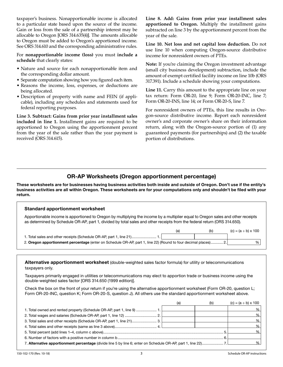 Instructions for Form 150-102-171 Schedule OR-AP Apportionment of Income for Corporations and Partnerships - Oregon, Page 3
