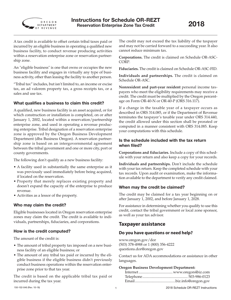 Form 150-102-046 Schedule OR-REZT Reservation Enterprise Zone Tax Credit - Oregon, Page 2
