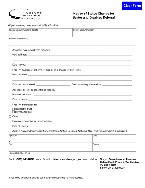 Form 150-490-008 Notice of Status Change for Senior and Disabled Deferral - Oregon