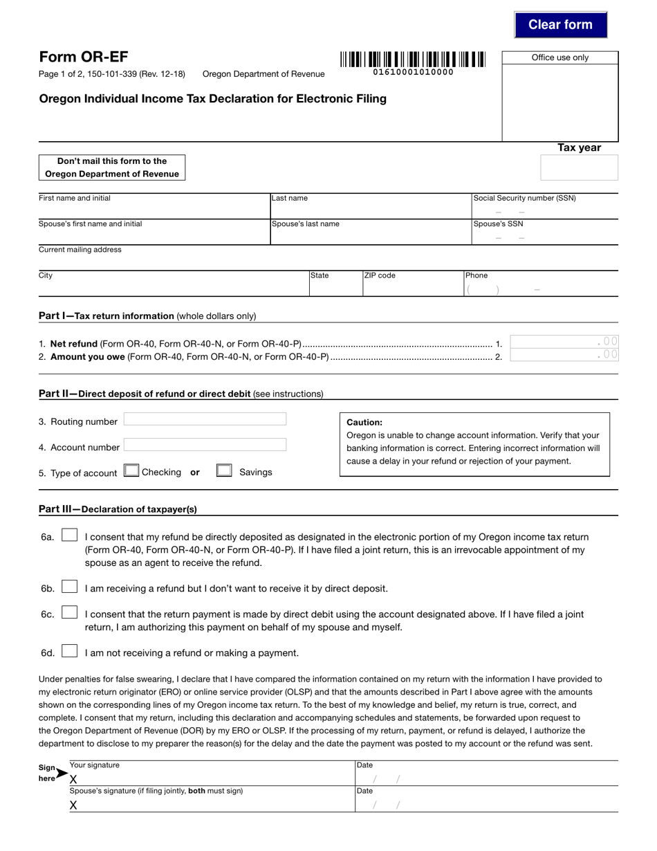 Form 150-101-339 (OR-EF) Oregon Individual Income Tax Declaration for Electronic Filing - Oregon, Page 1