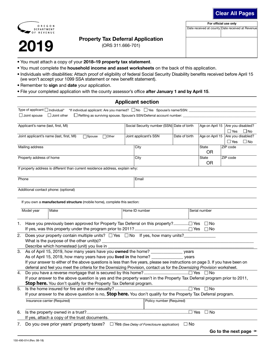 Form 150-490-014 Property for Ors Tax Deferral Application - Oregon, Page 1