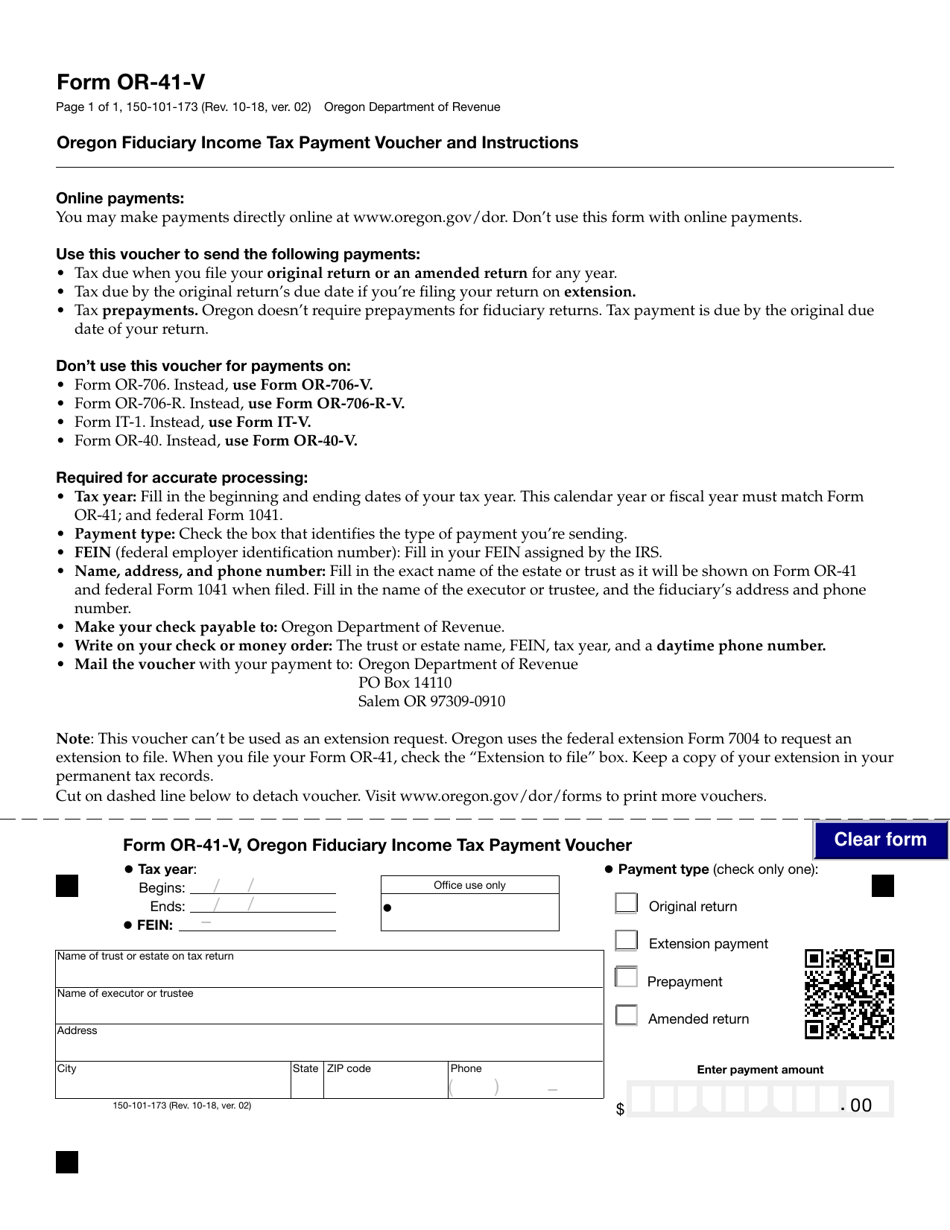 Form 150-101-173 (OR-41-V) Oregon Fiduciary Income Tax Payment Voucher - Oregon, Page 1