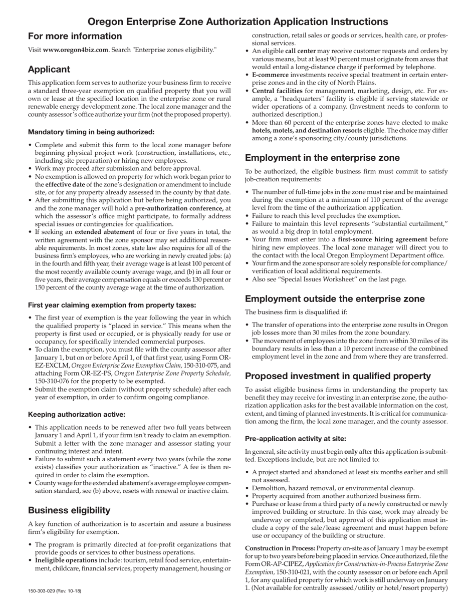 Form 150-303-029 (OR-EZ-AUTH) Oregon Enterprise Zone Authorization Application - Oregon, Page 3