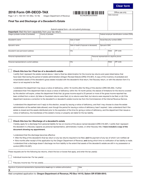 Form 150-101-151 (OR-DECD-TAX) Final Tax and Discharge of a Decedent's Estate - Oregon, 2018