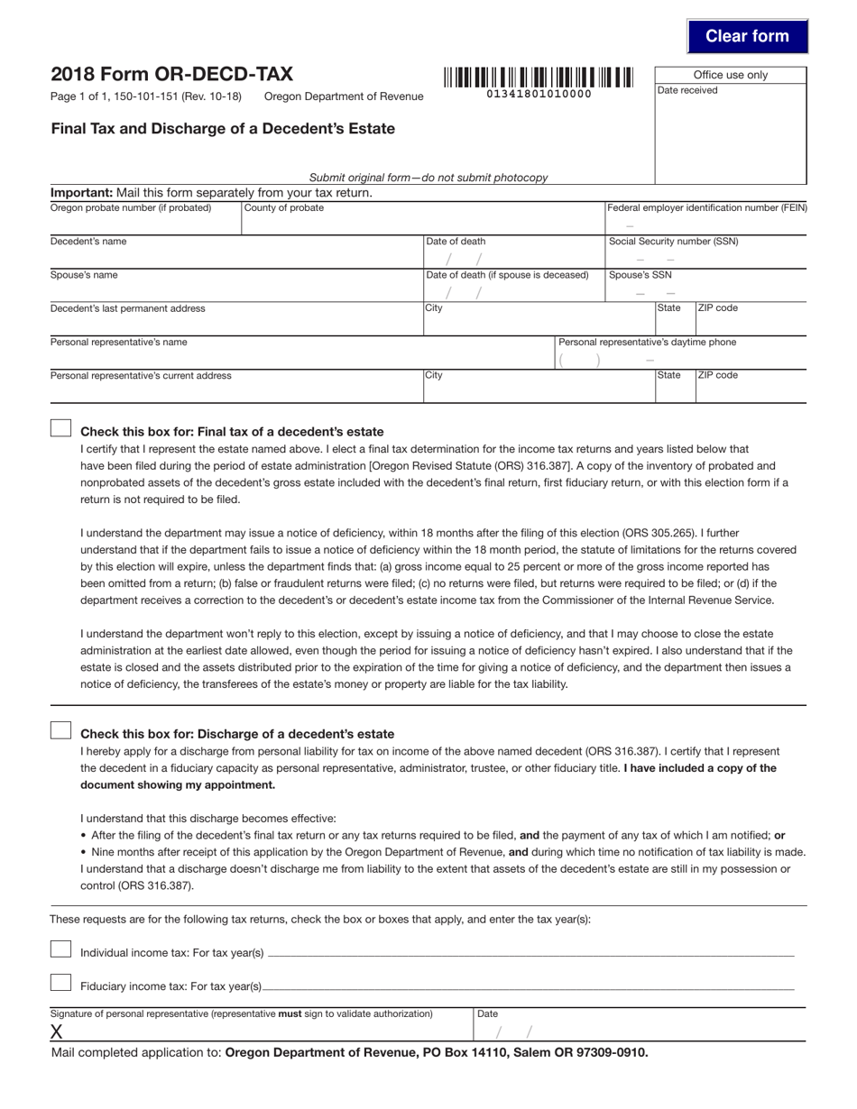 Form 150-101-151 (OR-DECD-TAX) Final Tax and Discharge of a Decedents Estate - Oregon, Page 1