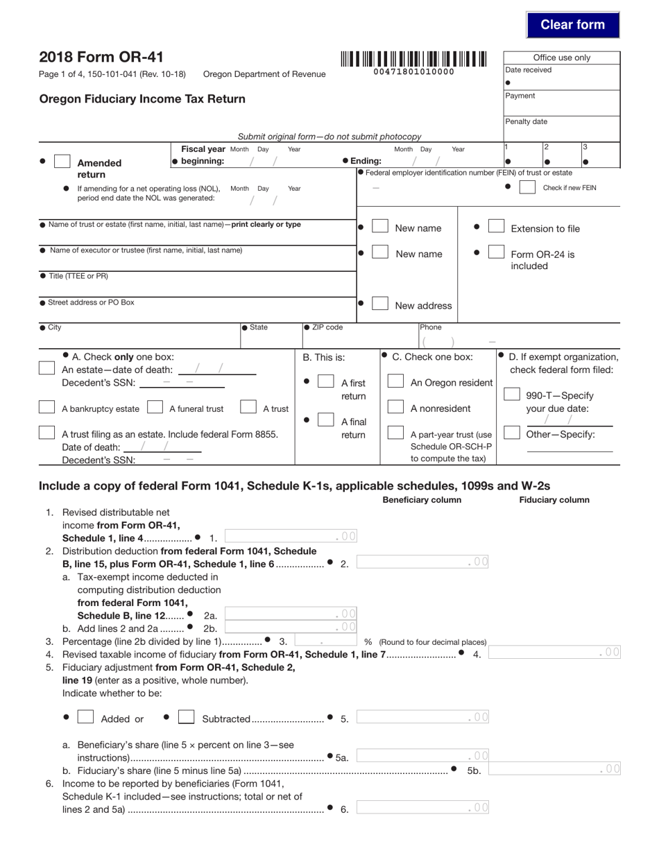 Form 150-101-041 (OR-41) Oregon Fiduciary Income Tax Return - Oregon, Page 1