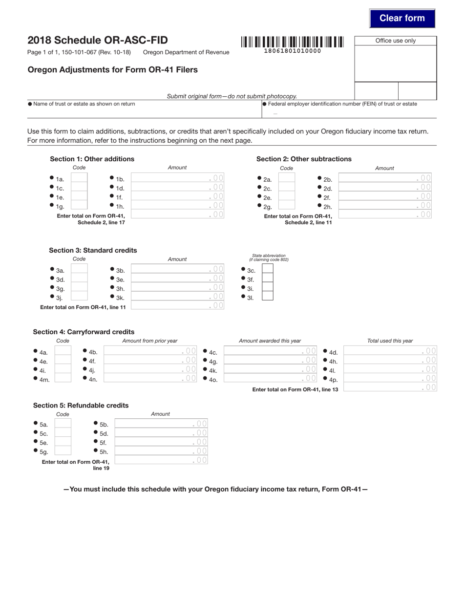 Form 150-101-067 Schedule OR-ASC-FID Oregon Adjustments for Form or-41 Filers - Oregon, Page 1