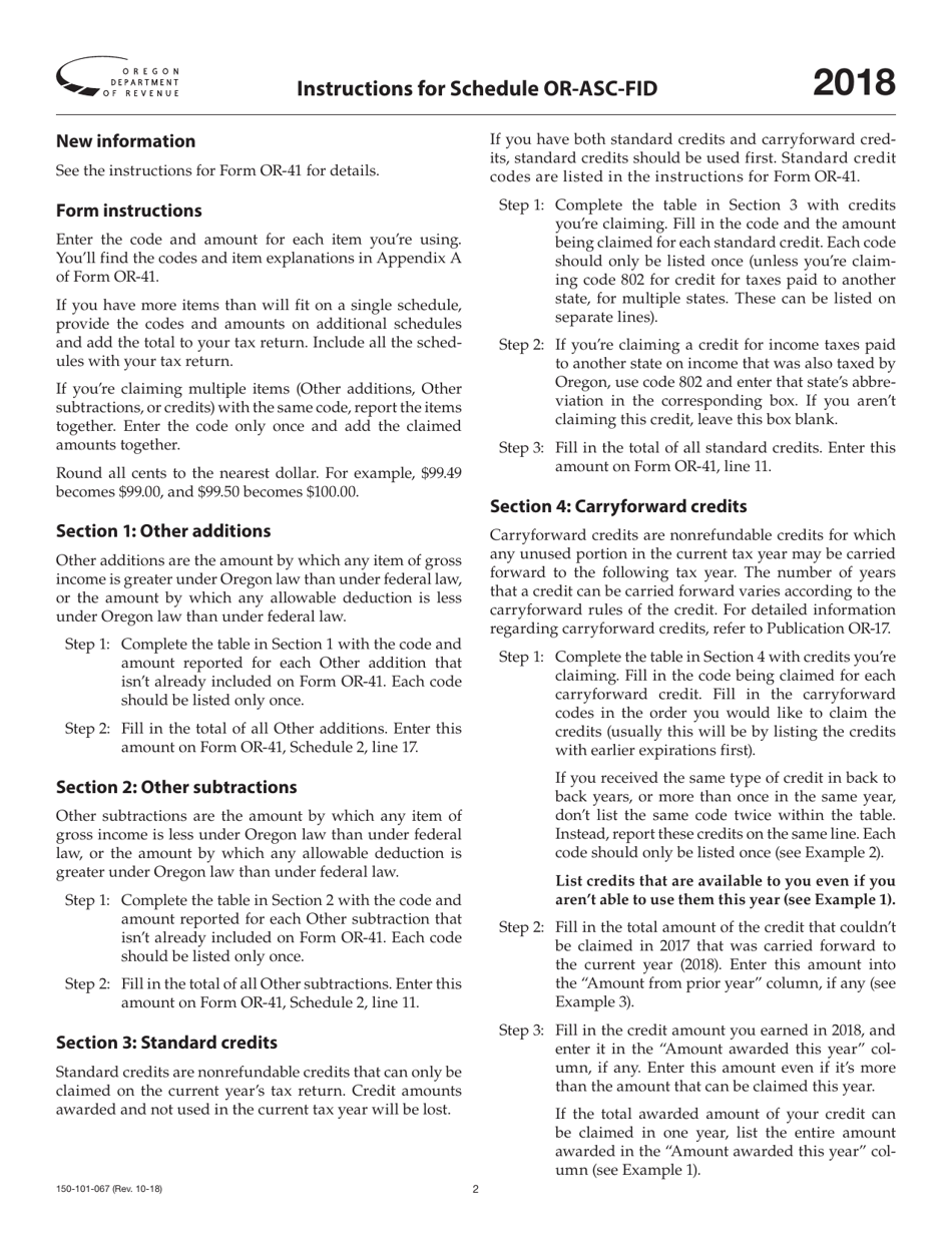 Form 150-101-067 Schedule OR-ASC-FID Oregon Adjustments for Form or-41 Filers - Oregon, Page 2