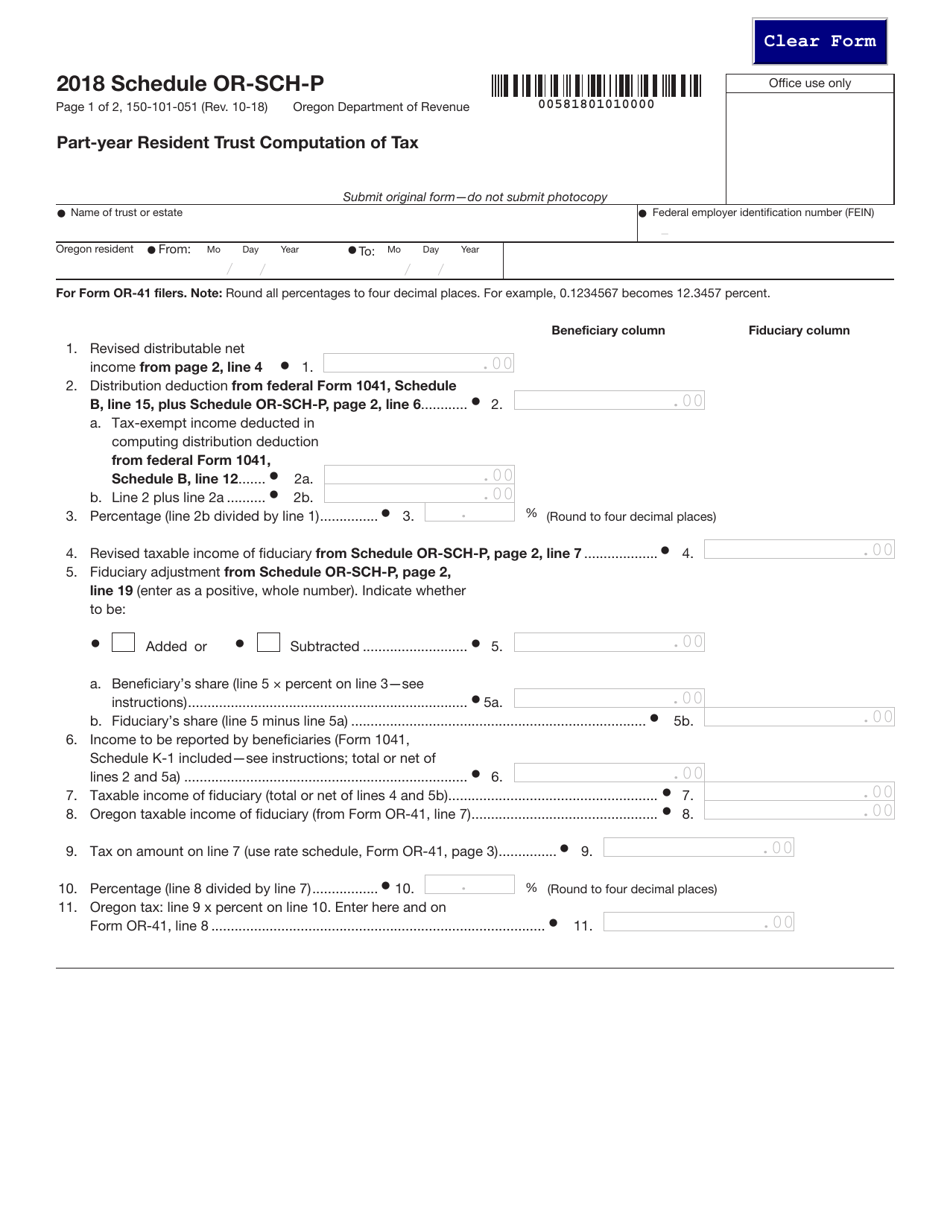 Form 150-101-051 Schedule OR-SCH-P Part-Year Resident Trust Computation of Tax - Oregon, Page 1