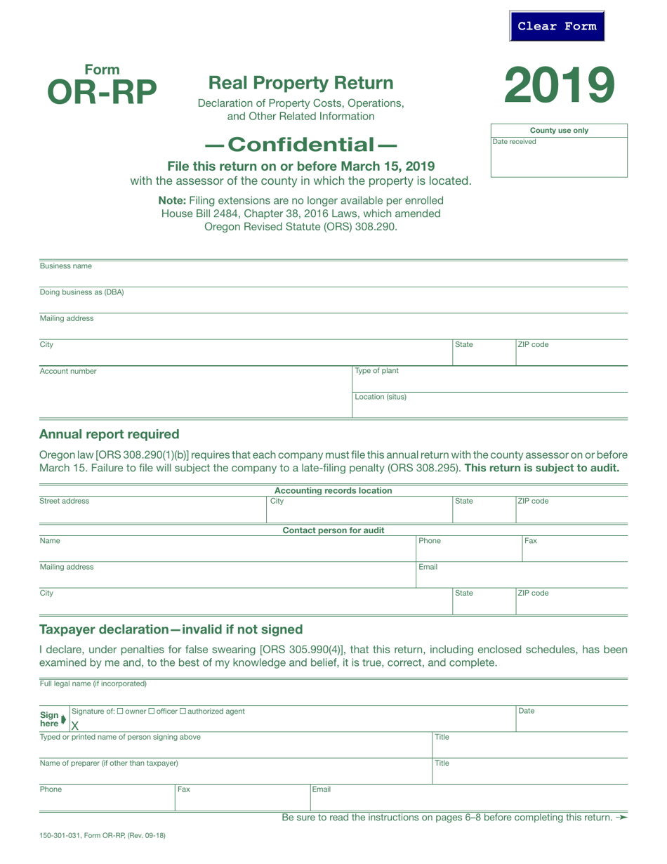 Form 150-301-031 (OR-RP) Real Property Return - Oregon, Page 1
