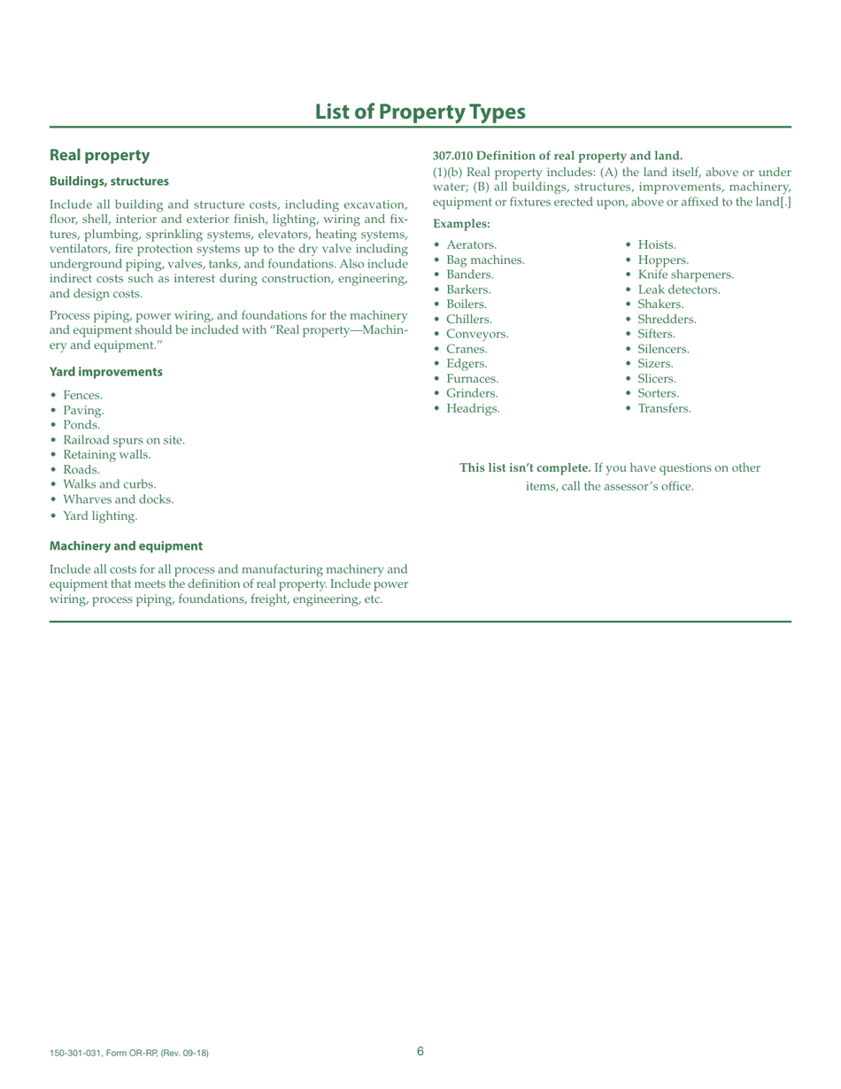 Form 150-301-031 (OR-RP) Real Property Return - Oregon, Page 6