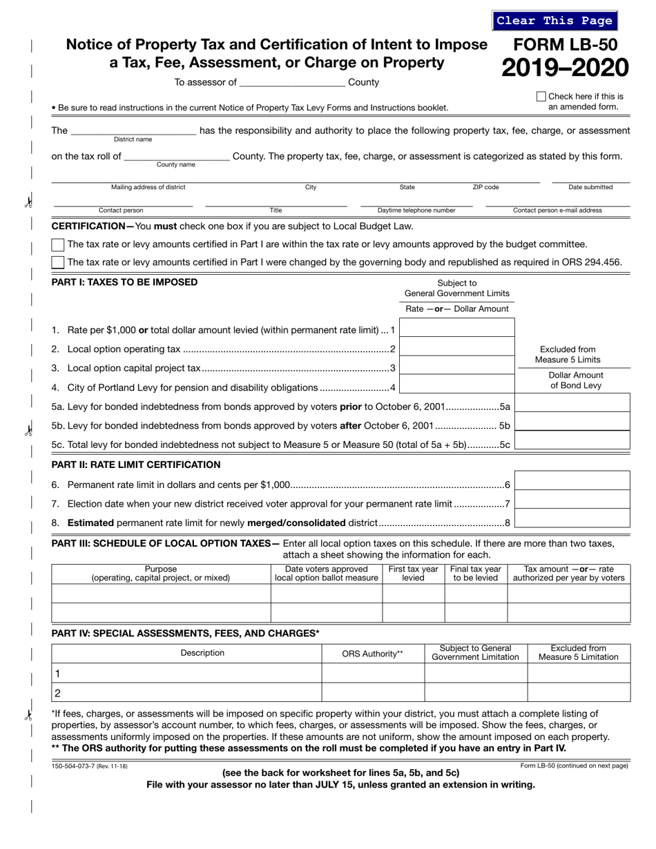 Form 150-504-073-7 (LB-50) Notice of Property Tax and Certification of Intent to Impose a Tax, Fee, Assessment, or Charge on Property - Oregon, Page 1