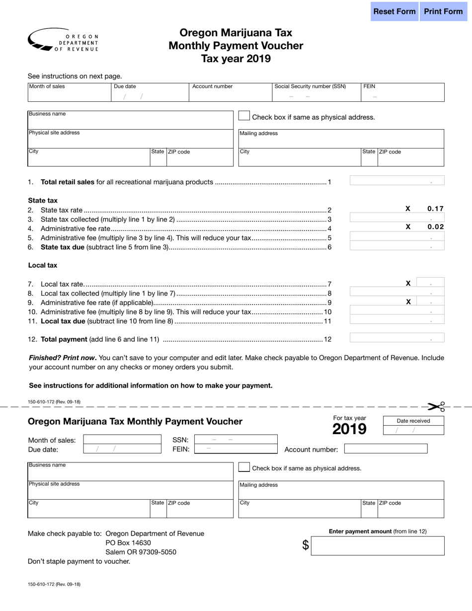 Form 150-610-172 Oregon Marijuana Tax Monthly Payment Voucher - Oregon, Page 1