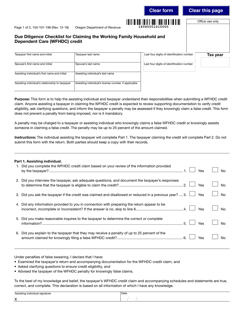 Form 150-101-198 Due Diligence Checklist for Claiming the Working Family Household and Dependent Care (Wfhdc) Credit - Oregon, Page 1