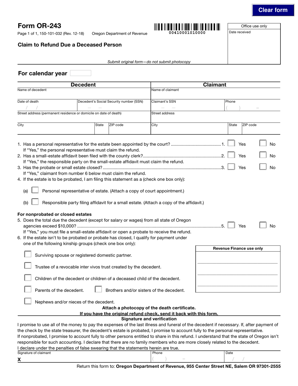 Form OR-150-101-032 (OR-243) Claim to Refund Due a Deceased Person - Oregon, Page 1