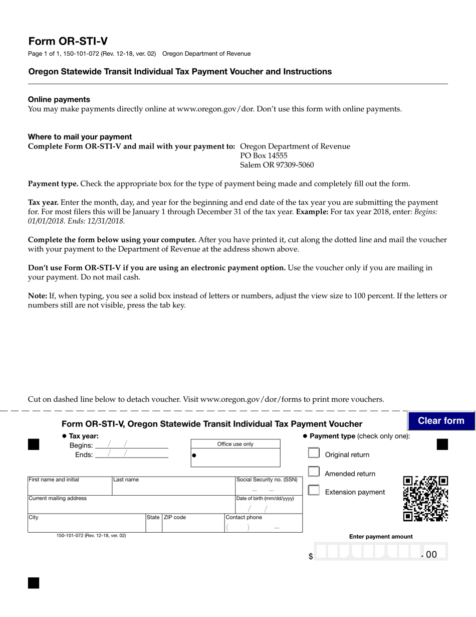 Form OR-STI-V (150-101-072) Oregon Statewide Transit Individual Tax Payment Voucher and Instructions - Oregon, Page 1