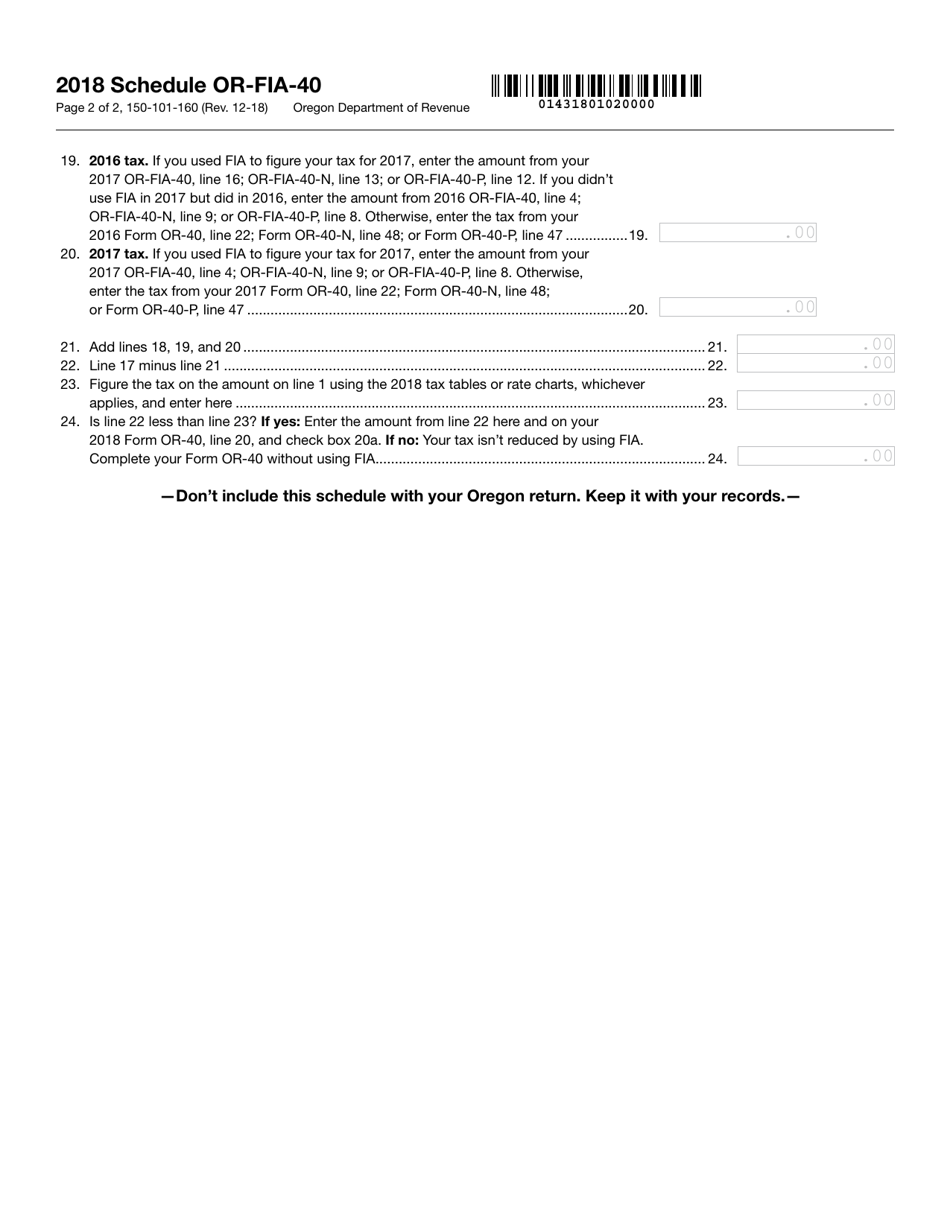 Form 150-101-160 Schedule OR-FIA-40 Oregon Farm Income Averaging - Oregon, Page 2