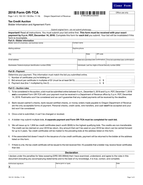 Form 150-101-130 (OR-TCA) Tax Credit Auction - Oregon, 2018