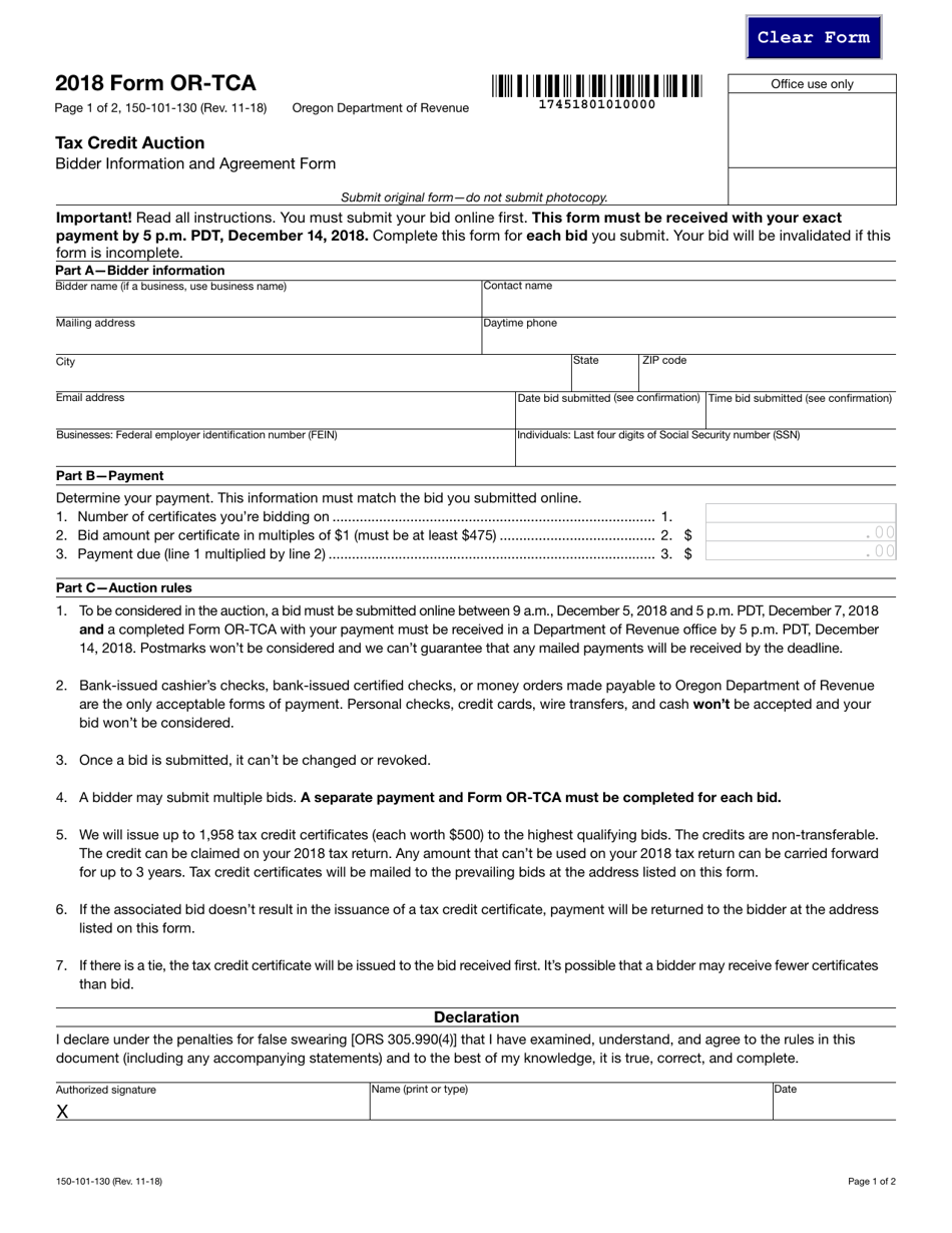 Form 150-101-130 (OR-TCA) Tax Credit Auction - Oregon, Page 1