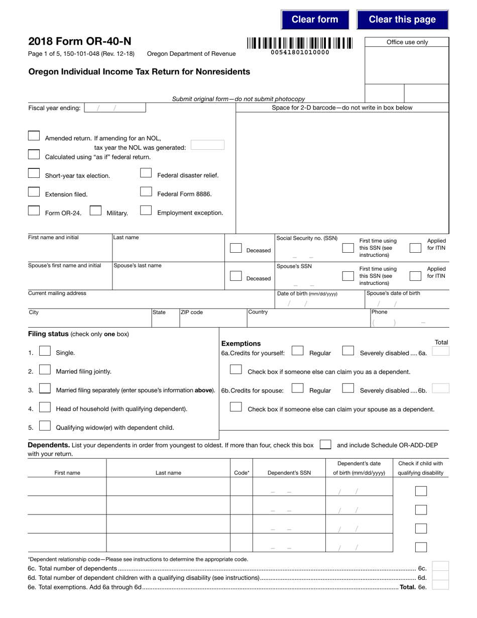 Form 150-101-048 (OR-40-N) Oregon Individual Income Tax Return for Nonresidents - Oregon, Page 1