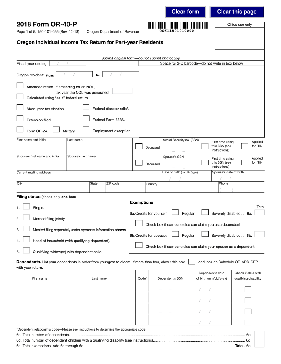 Form 150-101-055 (OR-40-P) Oregon Individual Income Tax Return for Part-Year Residents - Oregon, Page 1